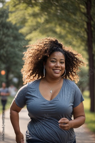 Happy Afro-American plus-size woman jogging in the park on a sunny day