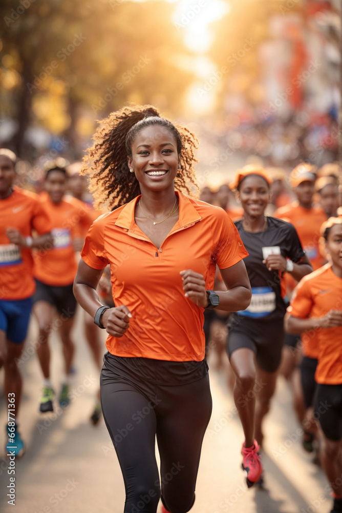Obraz premium Triumph of Sports: Joyful Young Afro-American Woman Finishes Urban Mass Run