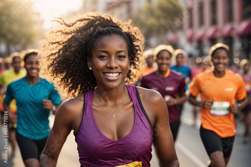 Triumph of Sports: Joyful Young Afro-American Woman Finishes Urban Mass Run
