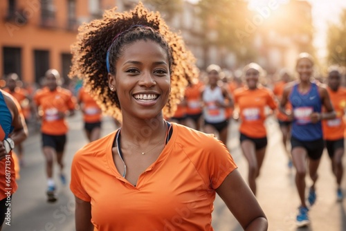 Triumph of Sports: Joyful Young Afro-American Woman Finishes Urban Mass Run © alexx_60
