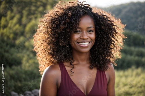 Happy beautiful young Afro-American woman smiling, portrait in nature. Smiling Afro-American girl happy against nature backdrop.