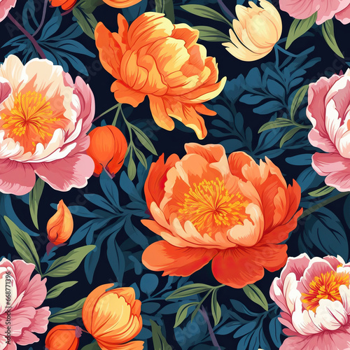 Vintage Elegance  A Peony Paradise in Navy Blue seamless pattern with flowers