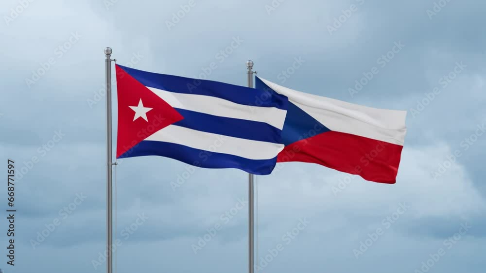 Czech Republic flag and Cuba flag waving together on cloudy sky, endless seamless loop, two country relations concept Czech Republic flag and Cuba flag waving together on cloudy sky, endless seamless loop, two country relations concept