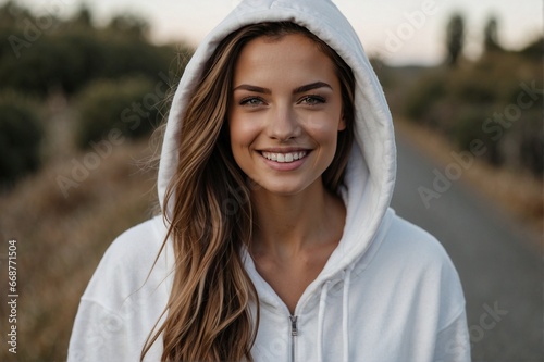 Happy Beautiful Young Woman in White Hoodie, Smiling, Portrait