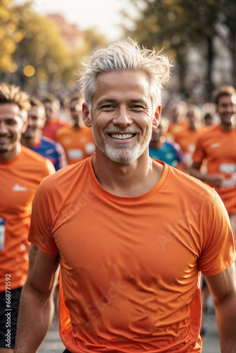 Happy Middle-Aged European Scandinavian Man with White Hair at a City Race