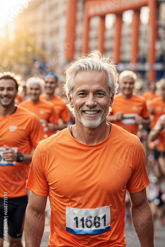 Happy Middle-Aged European Scandinavian Man with White Hair at a City Race