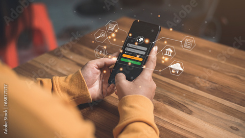 Businesswomen use hand holding smartphone, and showing digital padlocks with data protection, internet technology and social network, User privacy security and encryption, Data protection concept.