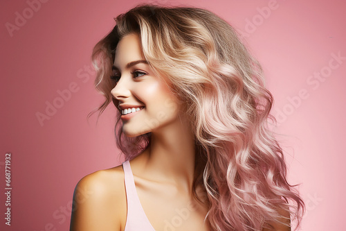 portrait of attractive wavy-haired girl isolated over pink background