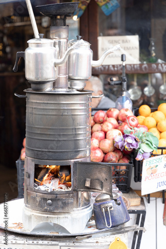 Turkish samovar on wood in operation.