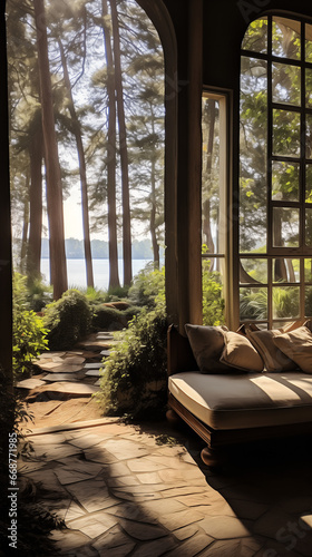 Relaxing coastal interior with a view to the forrest near the beach. AI generated. 