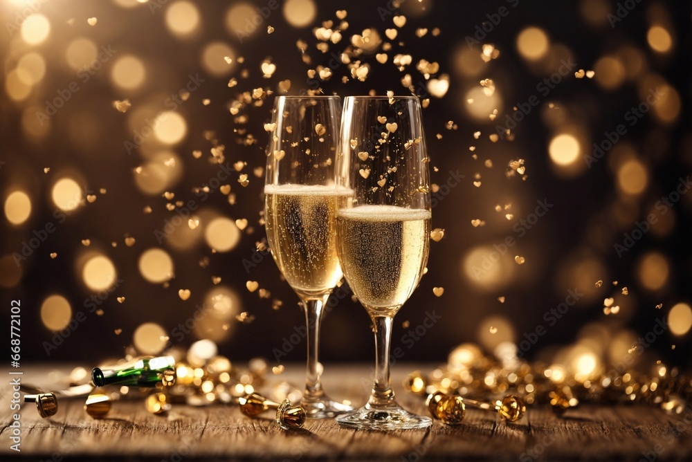An Evening for Two: Two Glasses of Champagne, Hearts, Background with Blurred Lights. An Evening for Two: Two Glasses of Champagne, Hearts, Background with Blurred Lights.