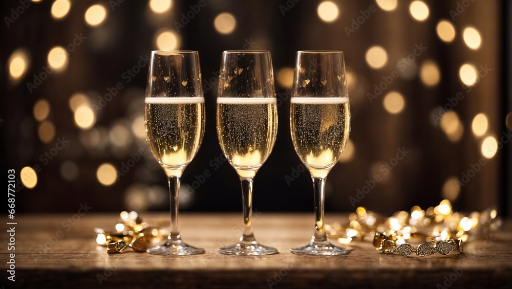 An Evening for Two: Two Glasses of Champagne, Hearts, Background with Blurred Lights.