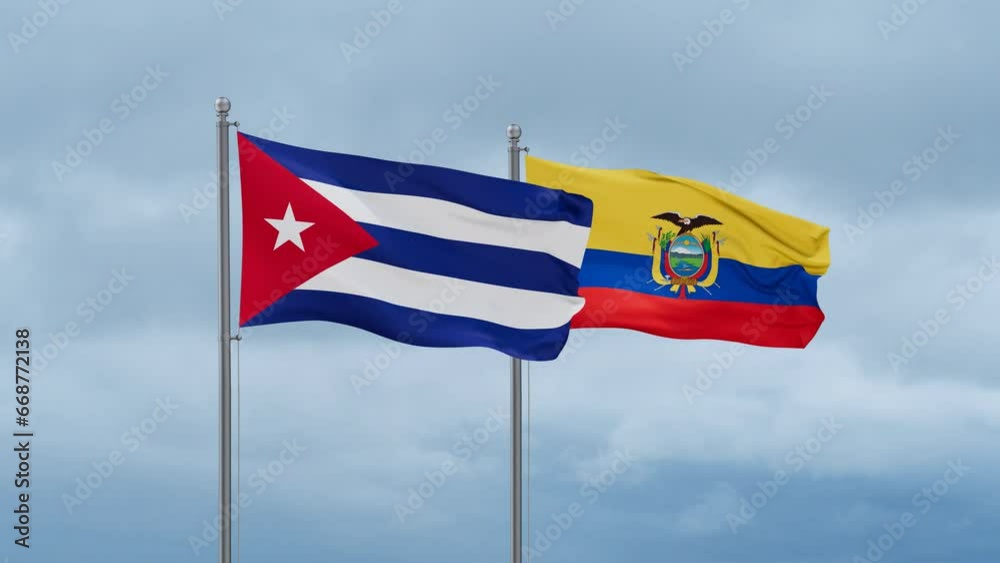 Ecuador flag and Cuba flag waving together on cloudy sky, endless seamless loop, two country relations concept Ecuador flag and Cuba flag waving together on cloudy sky, endless seamless loop, two country relations concept