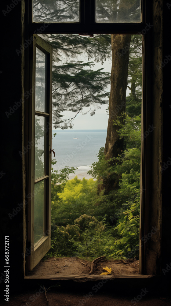Fototapeta premium Open big window with a direct view into the forrest and the ocean. Ai generated.