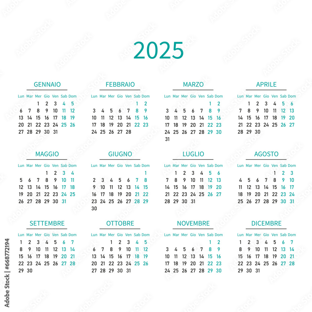 Calendar 2025 in italian language. Week start on Monday. Vector graphic.