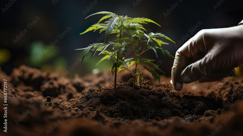 Planting and growing a hemp plant, cannabis legalization, small hemp plants cultivation | Generative AI - obrazy, fototapety, plakaty 