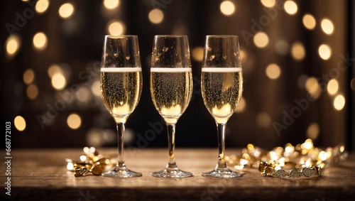 An Evening for Two: Two Glasses of Champagne, Hearts, Background with Blurred Lights.