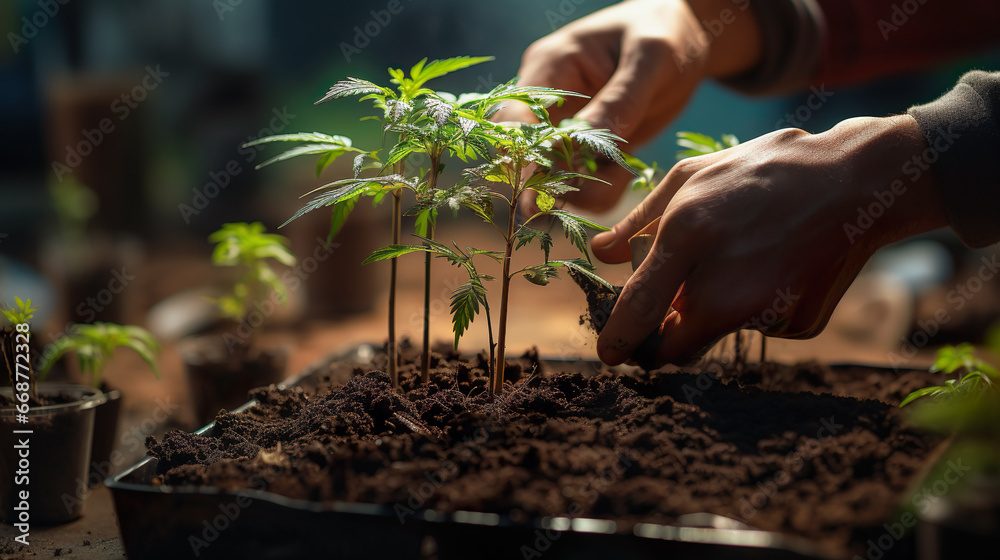 Planting and growing a hemp plant, cannabis legalization, small hemp plants cultivation | Generative AI
