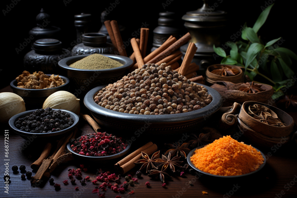 A diverse collection of seeds and spices beautifully captured in a product photography setting. Ai generated A diverse collection of seeds and spices beautifully captured in a product photography setting. Ai generated