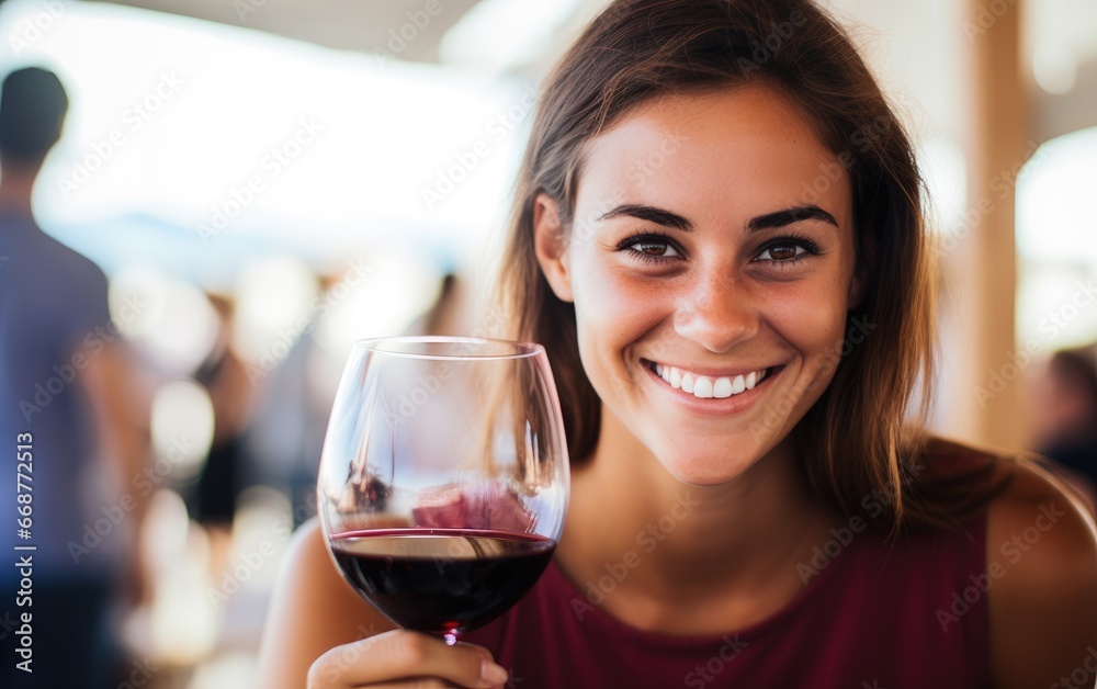 A smiling young woman drinking a glass of red wine A smiling young woman drinking a glass of red wine