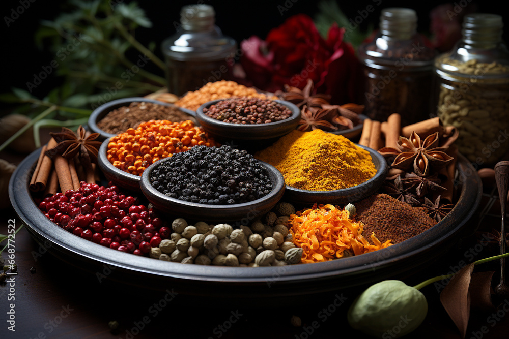 A diverse collection of seeds and spices beautifully captured in a product photography setting. Ai generated