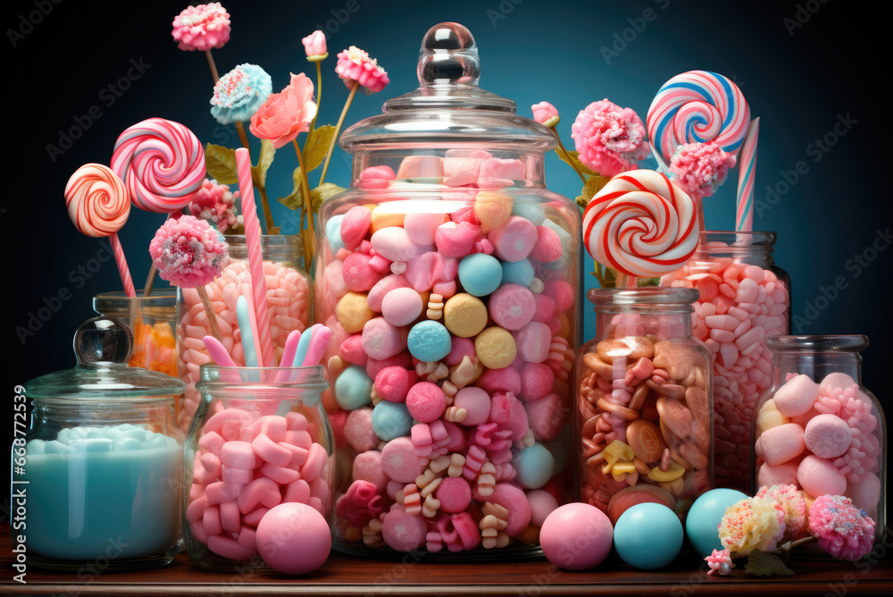 Candy bar. Colorful sweets in glass jars on the table at the party