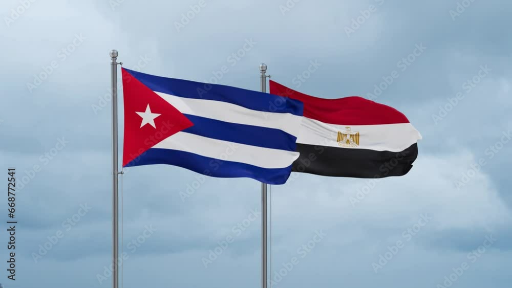 Egypt flag and Cuba flag waving together on cloudy sky, endless seamless loop, two country relations concept Egypt flag and Cuba flag waving together on cloudy sky, endless seamless loop, two country relations concept