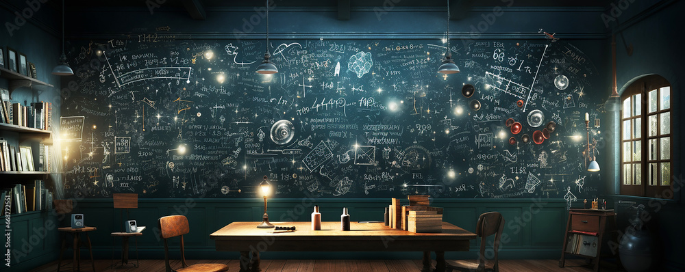 blackboard background and Maths formulas written by white chalk , 
an image with a blackboard background and mathematical equations written on it , 
a realistic texture and color resembling classroom - obrazy, fototapety, plakaty 