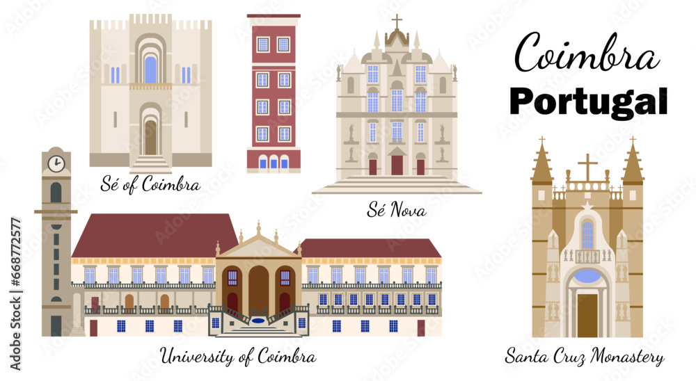 Set with the Sights of Coimbra University Campus in Portugal. Architectural sights and symbols of Coimbra, flat-style illustration, for banners, souvenir cards, printing on mugs and plates.