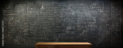 blackboard background and Maths formulas written by white chalk , 
an image with a blackboard background and mathematical equations written on it , 
a realistic texture and color resembling classroom photo