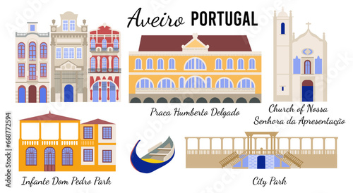 Set of symbols of Aveiro, Portuguese Venice. Architectural sights of the colorful European city of Aveiro, flat illustration for banners, souvenir cards, print on mugs and plates.