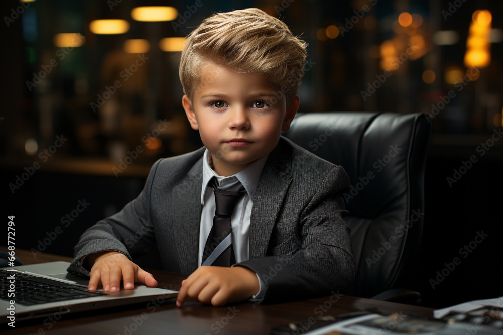 A humorous scene featuring a child in a business suit, navigating an adult office environment. Ai generated
