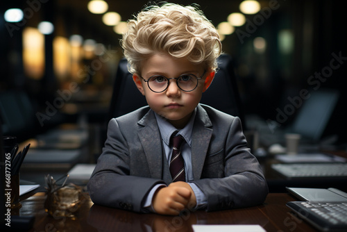 A humorous scene featuring a child in a business suit, navigating an adult office environment. Ai generated photo