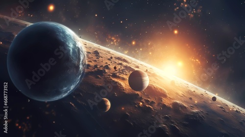 Heated Planetary Bodies in an Apocalyptic Space Scene