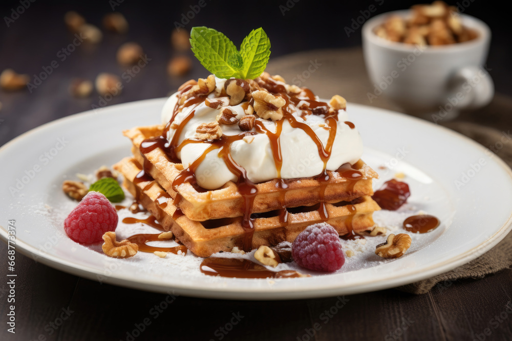Belgian waffles with cream, honey and nuts Belgian waffles with cream, honey and nuts
