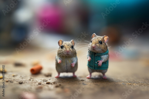 Two cute little mice on a wooden background. Happy Easter concept.