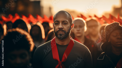 The Guy in Red Ribbon at World AIDS Day Commemoration. African Man Wearing Red Ribbon in Community of AIDS Day Awareness Event in Blurred Outdoor Group at Sunset. 