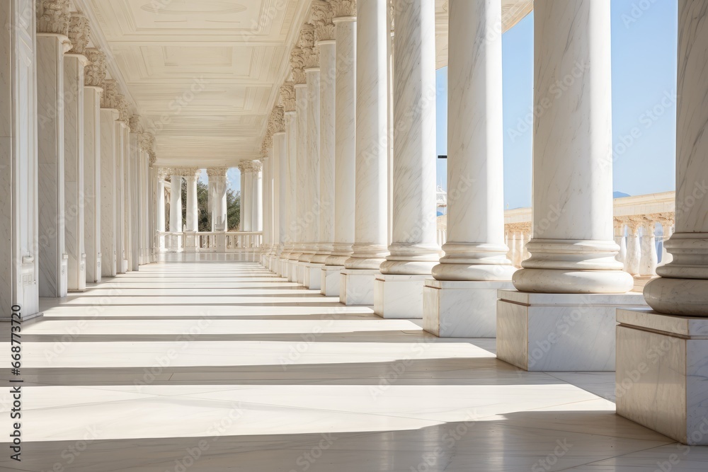 Stone columns colonnade and marble floor detail. Classical pillars row, building entrance