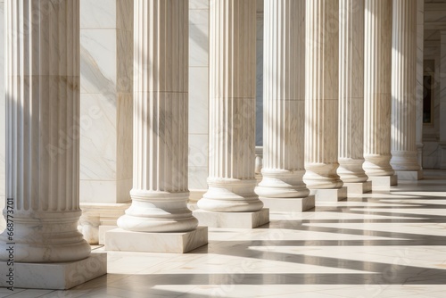 Stone columns colonnade and marble floor detail. Classical pillars row, building entrance