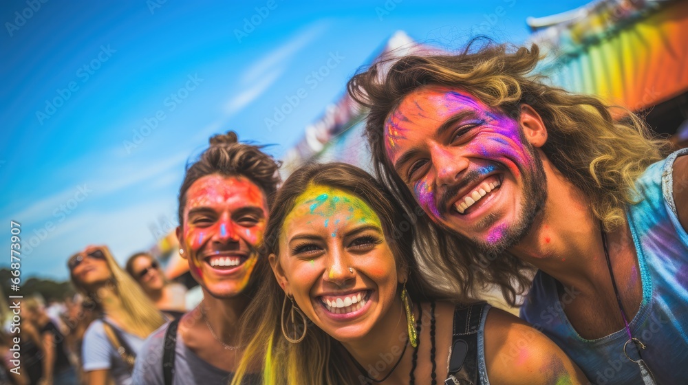 Group of joyful friends with colorful paint on faces at a festival.