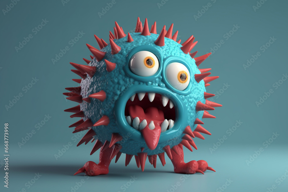 Cute blue virus character. 3d render illustration on blue background
