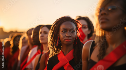 Group of People in Red Ribbon at  Community of AIDS Day Awareness Event. Women Wearing Red Ribbon in World AIDS Day Commemoration in Blurred Outdoor at Sunset.    photo