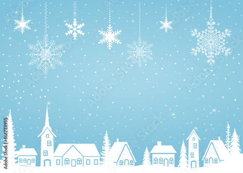 Winter christmas landscape with white silhouettes of houses, fir trees, snowflakes on blue background. Vector illustration.