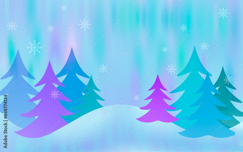 background winter forest colored Christmas trees northern lights on the sky white snowflakes flat style