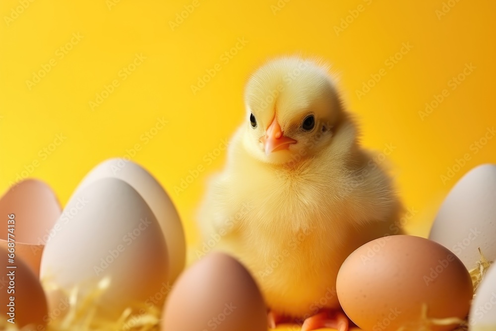 A small yellow chicken near the eggs on a yellow background