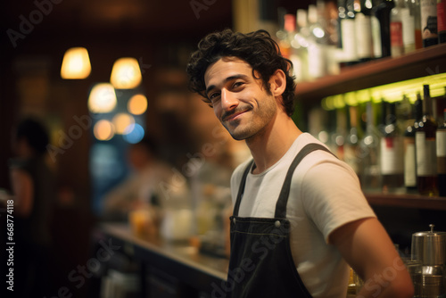 Barman in Bar Smiling and Wearing White T-shirt and Black Apron. Side View of Happy Mixologist with Bartender Uniform Standing and Looking at Camera in Urban Pub. 