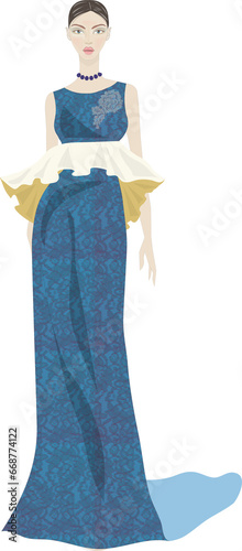 Fashion Illustration blue lace ruffle design. Model walking pose.