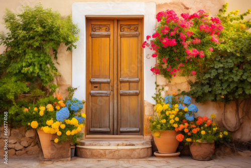 Colorful Garden Welcome: Wooden Door Amidst Blooming Flowers