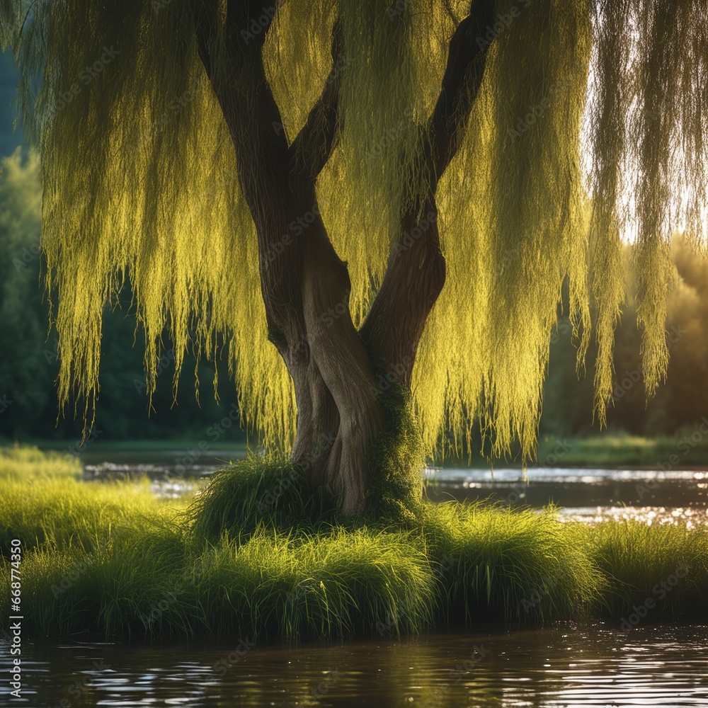 Willow Tree in the Middle of a Pond - obrazy, fototapety, plakaty 