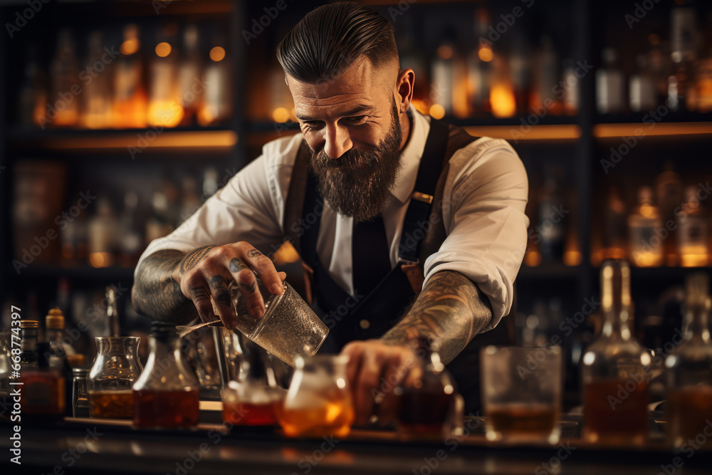 Bartender in Bar Smiling and Preparing Cocktail Drinks. Close-up of Handsome Tattoo Bar Mixologist Standing and Making Cocktails in Restaurant.